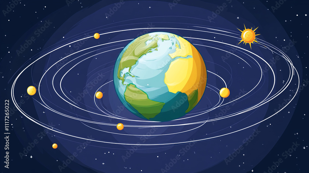 Naklejka premium Earth axis diagram illustration showing the tilt of the Earth's rotational axis relative to its orbital plane, explaining the cause of seasonal changes and the distribution of sunlight.