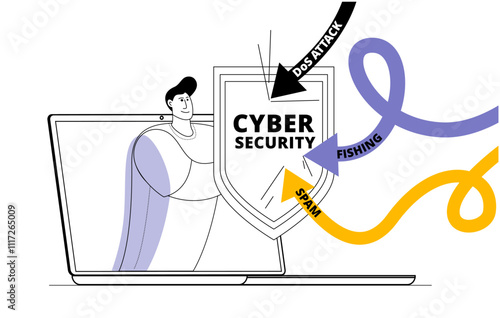 The system protects itself from hacker attacks. Vector illustration on the topic of cybercrime and cybersecurity.