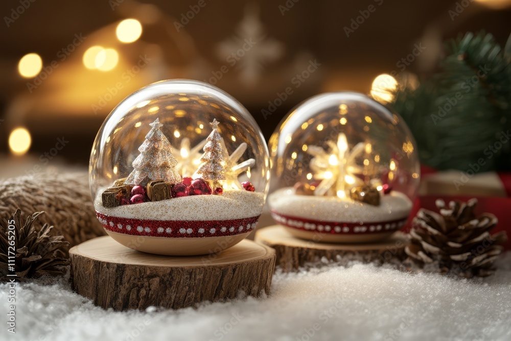 Two enchanting snow globes illuminated from within, creating a magical festive atmosphere perfect for the Christmas season. Two enchanting snow globes illuminated from within, creating a magical festive atmosphere perfect for the Christmas season.