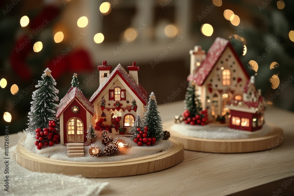 Two charming miniature houses adorned with twinkling lights sit on a festive table, embodying the warmth and joy of the Christmas season. Two charming miniature houses adorned with twinkling lights sit on a festive table, embodying the warmth and joy of the Christmas season.