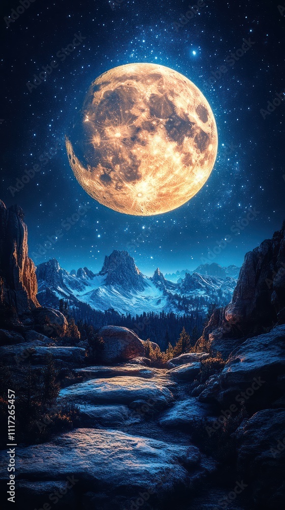 A serene night landscape featuring a large moon over mountains. A serene night landscape featuring a large moon over mountains.