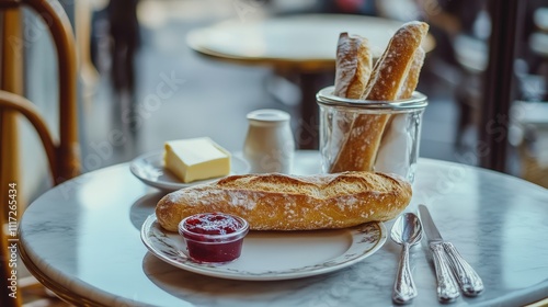 Fresh baguette with butter and jam, set on a French table photo