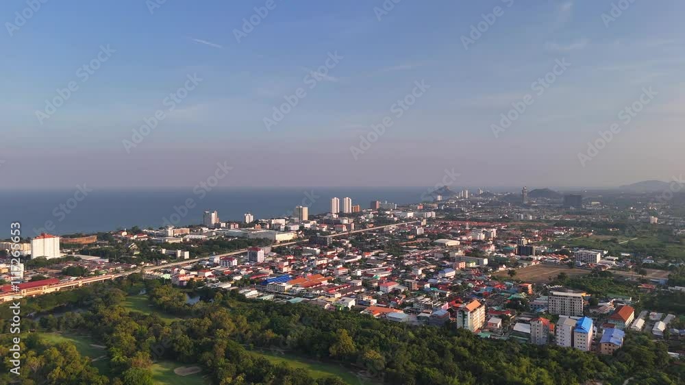 Aerial panoramic view of Hua Hin city at beautiful sunset. Prachuap Khiri Khan province, Thailand Aerial panoramic view of Hua Hin city at beautiful sunset. Prachuap Khiri Khan province, Thailand