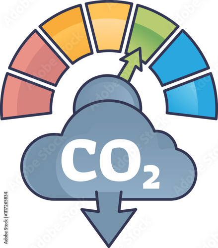 CO2 gauge meter with cloud and arrow, indicating carbon levels.