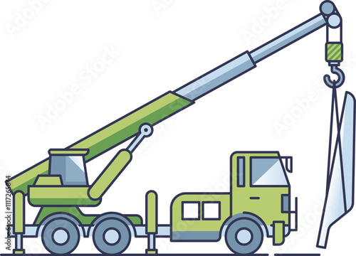 Crane lifting a wind turbine blade, symbolizing renewable energy construction.