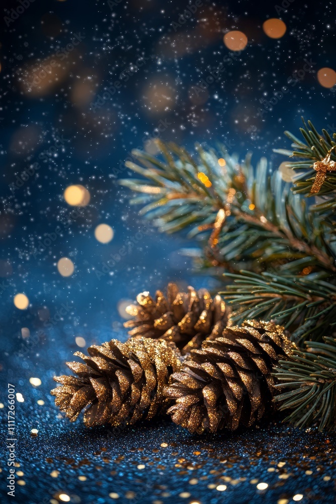 A festive pine cone rests alongside a pine tree branch, set against a serene blue backdrop, evoking the spirit of Christmas and nature's beauty. A festive pine cone rests alongside a pine tree branch, set against a serene blue backdrop, evoking the spirit of Christmas and nature's beauty.