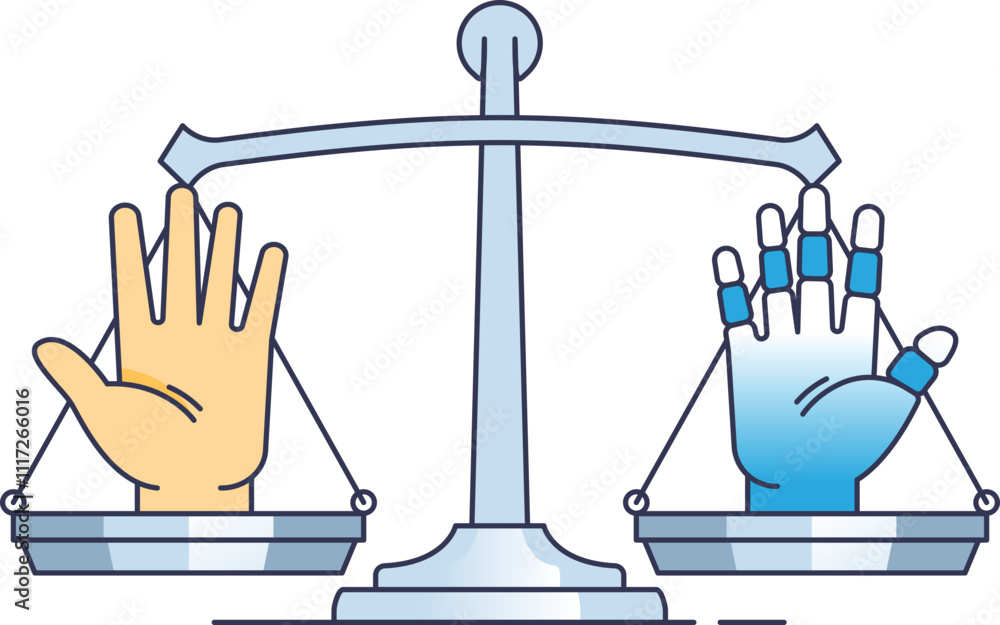 A scale balancing a human hand and a robotic hand, symbolizing AI ethics. A scale balancing a human hand and a robotic hand, symbolizing AI ethics.