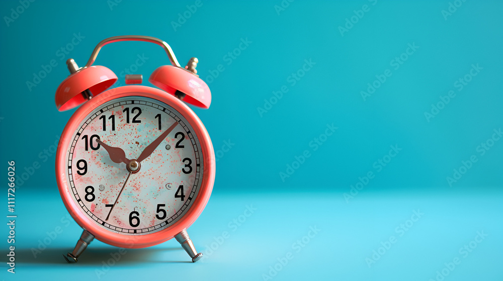 Pink alarm clock on blue background ai generative Pink alarm clock on blue background ai generative