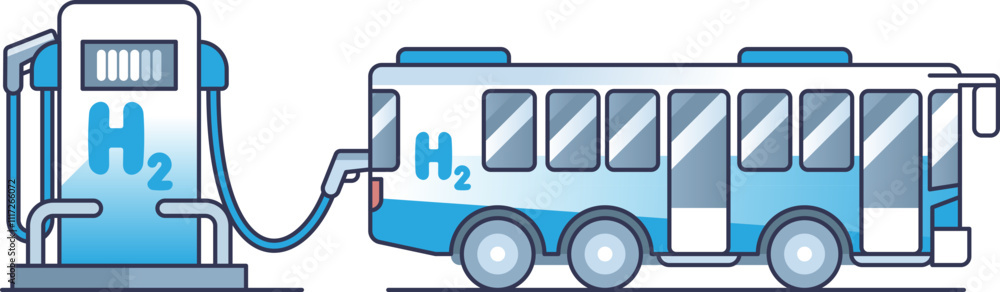 Illustration of a hydrogen-powered bus refueling at a hydrogen station.