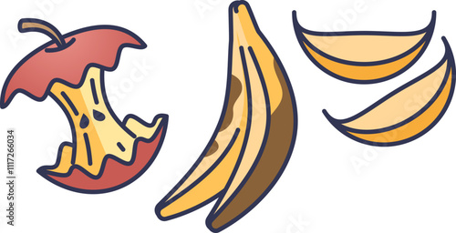 Illustration of apple core and banana peel symbolizing food waste.