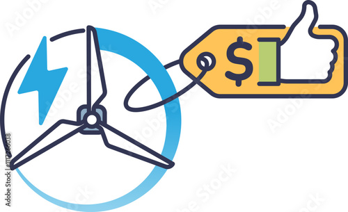 Wind turbine with dollar tag and thumbs up, symbolizing affordable wind energy.