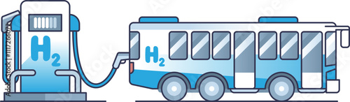 Illustration of a hydrogen-powered bus refueling at a hydrogen station.