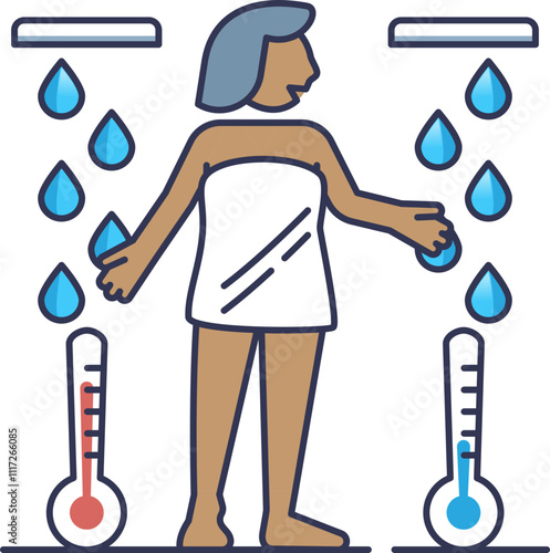 Illustration of hydrotherapy with a person in a towel, water droplets, and thermometers symbolizing temperature contrast.