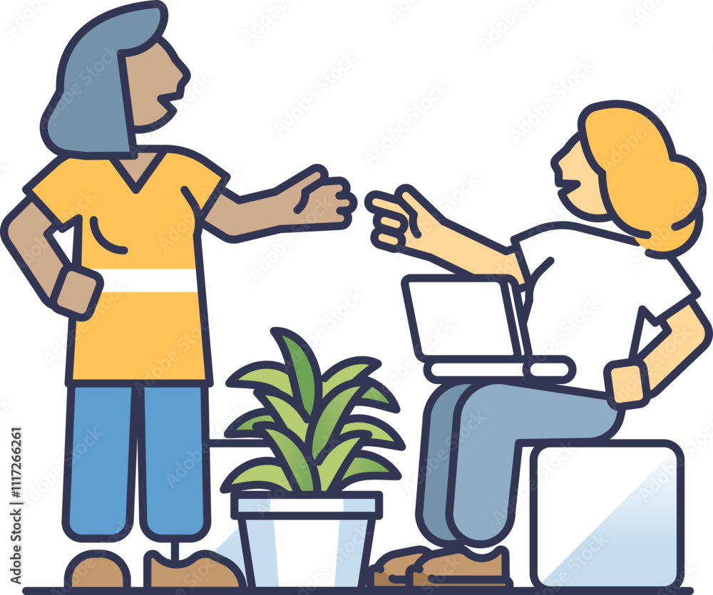 Two people discussing in a casual meeting space with a laptop and plant. Two people discussing in a casual meeting space with a laptop and plant.