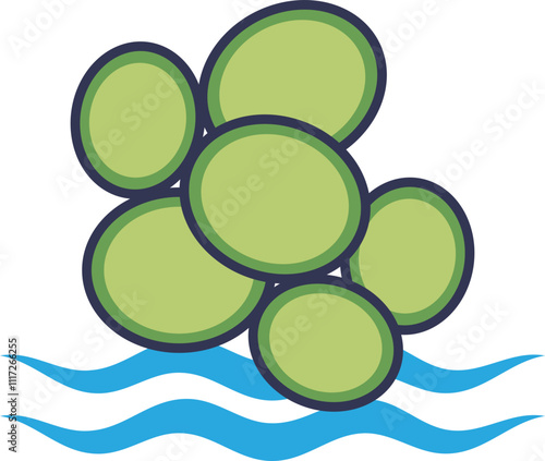 Illustration of green microalgae cells floating on water waves.