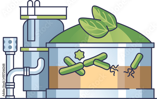 Illustration of a microbial digestion system with bacteria and organic matter.