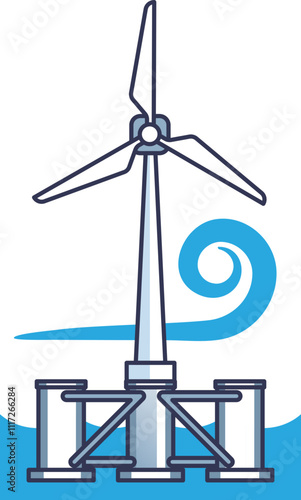 Illustration of an offshore wind turbine with ocean waves, symbolizing renewable energy.