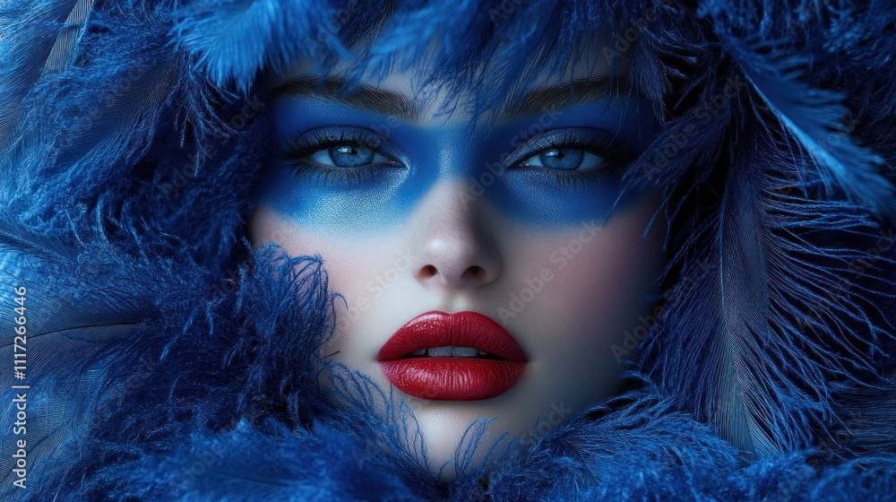 A close-up portrait of a woman with striking blue makeup and feathers. A close-up portrait of a woman with striking blue makeup and feathers.