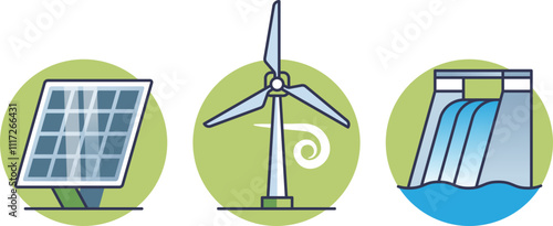 Icons of solar panel, wind turbine, and hydroelectric dam symbolize renewable energy sources.