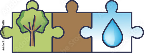 Puzzle pieces with tree, soil, and water icons symbolize interconnected sustainability elements.