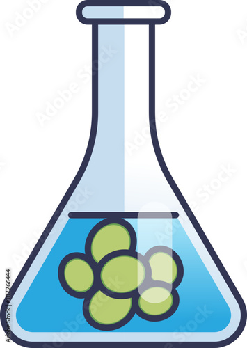 A beaker with blue liquid and green microalgae, symbolizing scientific research and biotechnology.