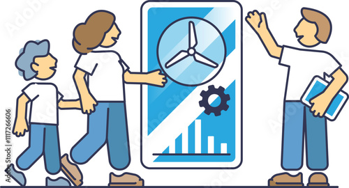 Illustration of people discussing wind energy with a digital display showing a turbine and data.