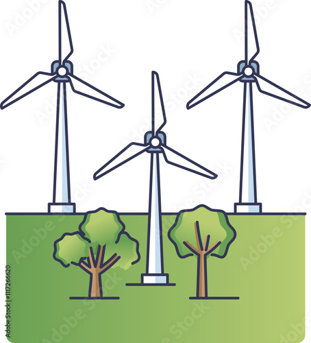 Illustration of wind turbines on a green landscape, symbolizing renewable energy.