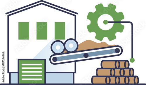 Illustration of a wood pellet factory with machinery and pellets, symbolizing production and industry.