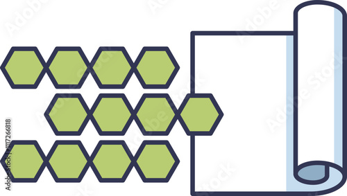 Hexagons and a roll symbolize cellulose structure and its applications.