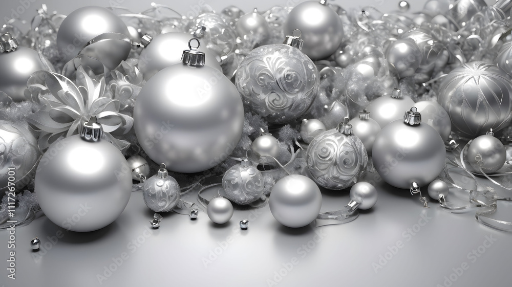 Festive silver ornaments holiday decor still life indoor close-up seasonal celebration Festive silver ornaments holiday decor still life indoor close-up seasonal celebration