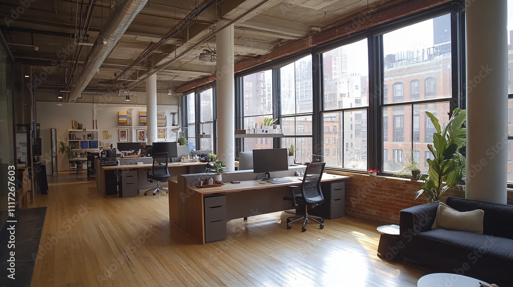 An open-plan office with individual workstations and large windows. An open-plan office with individual workstations and large windows.