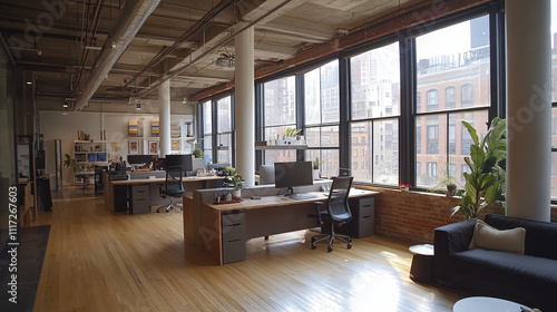 An open-plan office with individual workstations and large windows.