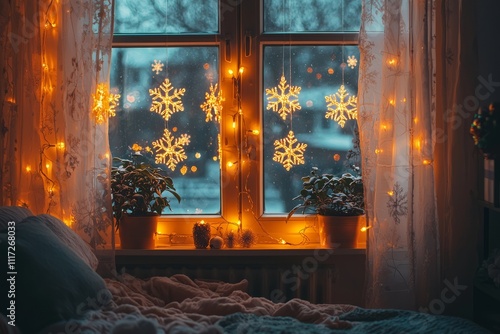 A window adorned with snowflake decals, fairy lights, and holiday-themed curtains. The room is bathed in a warm, fest, Generative AI photo