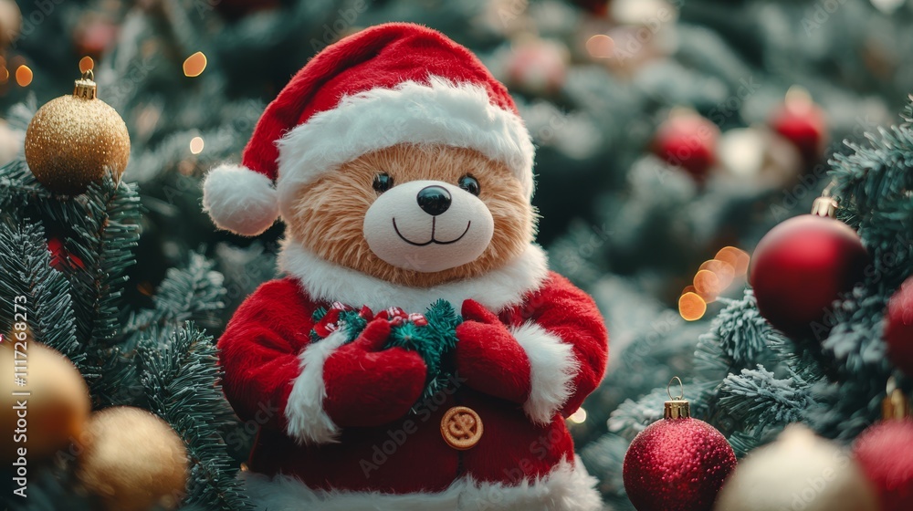 A teddy bear in a Santa outfit stands amidst colorful Christmas decorations, embodying the festive spirit of the holiday season. A teddy bear in a Santa outfit stands amidst colorful Christmas decorations, embodying the festive spirit of the holiday season.