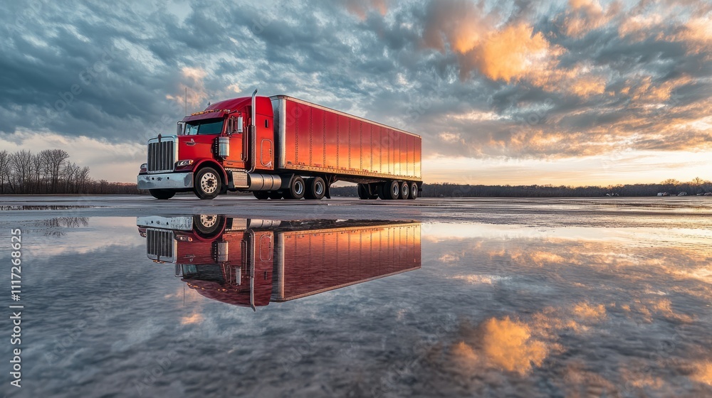 A shiny red semi-truck parked in a large empty lot, detailed reflections on its chrome surfaces 