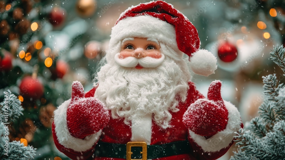 A cheerful Santa Claus figurine stands in fresh snow, with a beautifully decorated Christmas tree creating a festive backdrop, embodying holiday spirit. A cheerful Santa Claus figurine stands in fresh snow, with a beautifully decorated Christmas tree creating a festive backdrop, embodying holiday spirit.