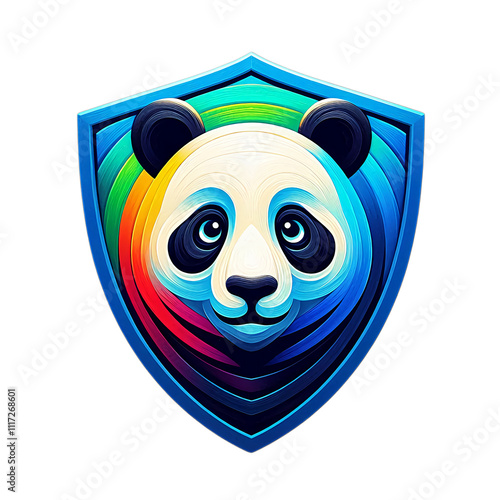 Colorful panda head logo within a shield. photo