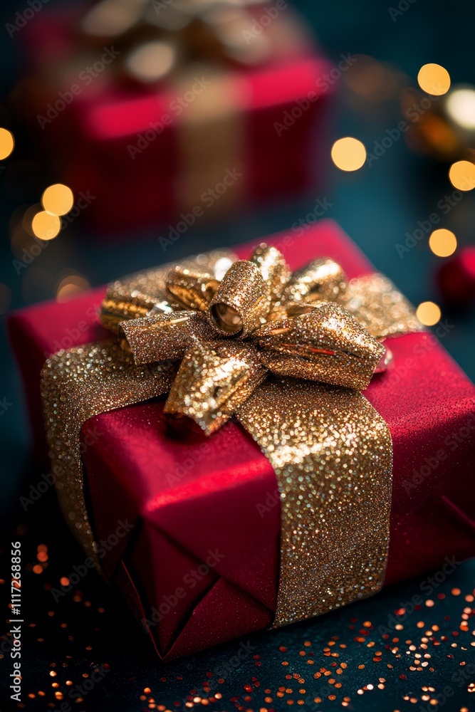 A festive red gift box adorned with a shimmering gold bow, perfect for Christmas celebrations and holiday surprises. A festive red gift box adorned with a shimmering gold bow, perfect for Christmas celebrations and holiday surprises.