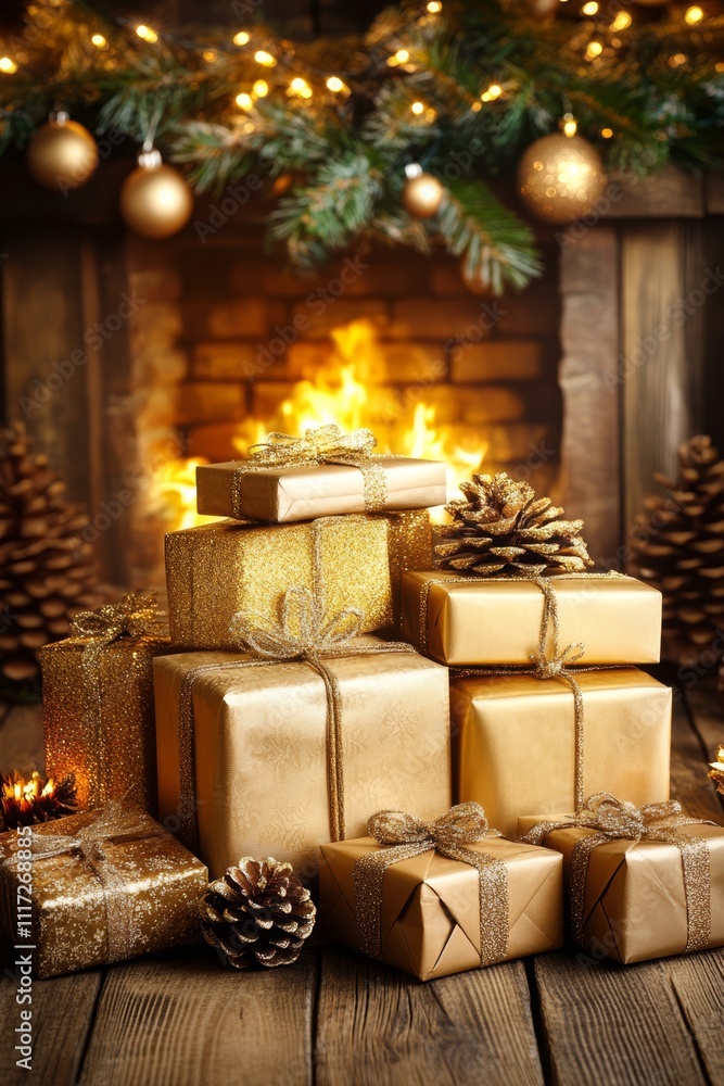 A festive display of colorful Christmas gifts on a table, with a warm fireplace glowing softly in the background, creating a cozy holiday atmosphere. A festive display of colorful Christmas gifts on a table, with a warm fireplace glowing softly in the background, creating a cozy holiday atmosphere.
