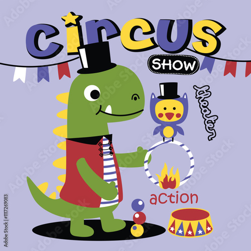 Cute cartoon dinosaur in circus outfit performing with fire ring and bird in top hat at circus show. Children’s entertainment and fun theme concept
