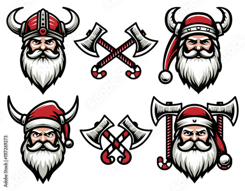 Santa Claus in viking helmet collection. Isolated on dark background. Medieval element for Christmas holiday. Vector Eps 10.