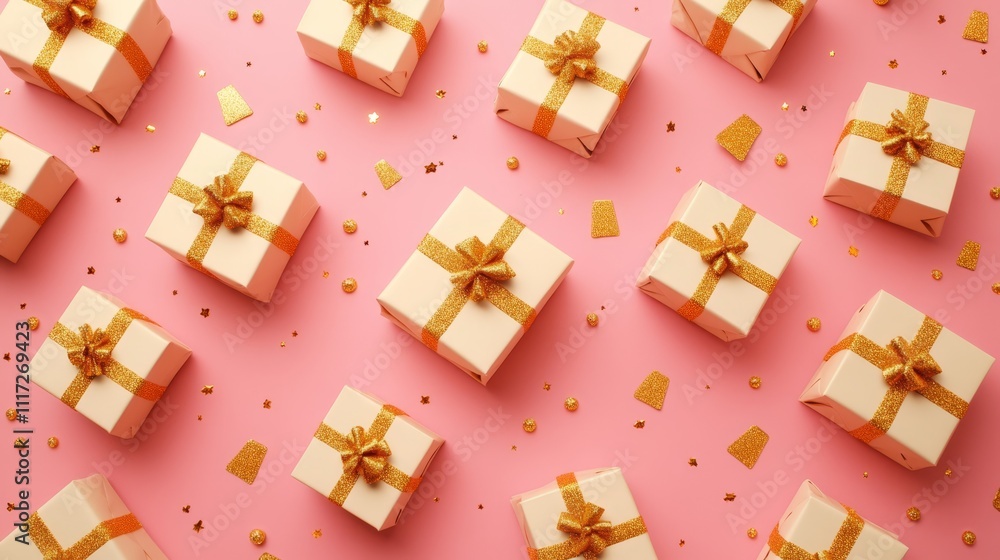 A close-up view of elegant white and gold gift boxes adorned with luxurious gold bows, perfect for the festive Christmas season. A close-up view of elegant white and gold gift boxes adorned with luxurious gold bows, perfect for the festive Christmas season.