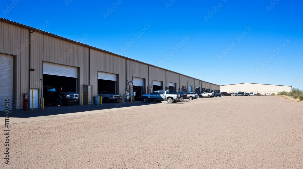 A side view of a warehouse and car service facility with several vehicles parked outside, under a cloudless blue sky A side view of a warehouse and car service facility with several vehicles parked outside, under a cloudless blue sky