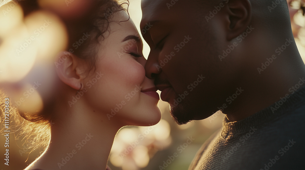 Close-up of a couple sharing an intimate moment with soft natural light and blossoming flowers in the background, symbolizing love and connection Close-up of a couple sharing an intimate moment with soft natural light and blossoming flowers in the background, symbolizing love and connection