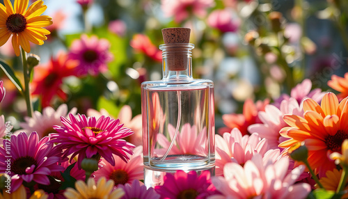 Glass Bottle of Fragrance Surrounded by Colorful Flowers for a Fresh and Vibrant Spring Ambiance