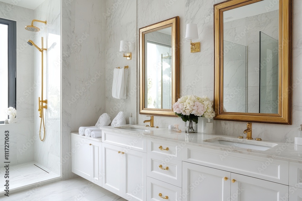 Fototapeta premium Elegant marble bathroom featuring luxurious decor and exquisite design details for a sophisticated ambiance.