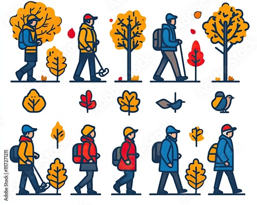 Cartoon people hiking in autumn. This image is suitable for websites, presentations, social media posts, and brochures related to hiking and autumn. photo