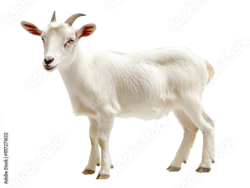 white goat with small horns standing isolated on transparent white background photo