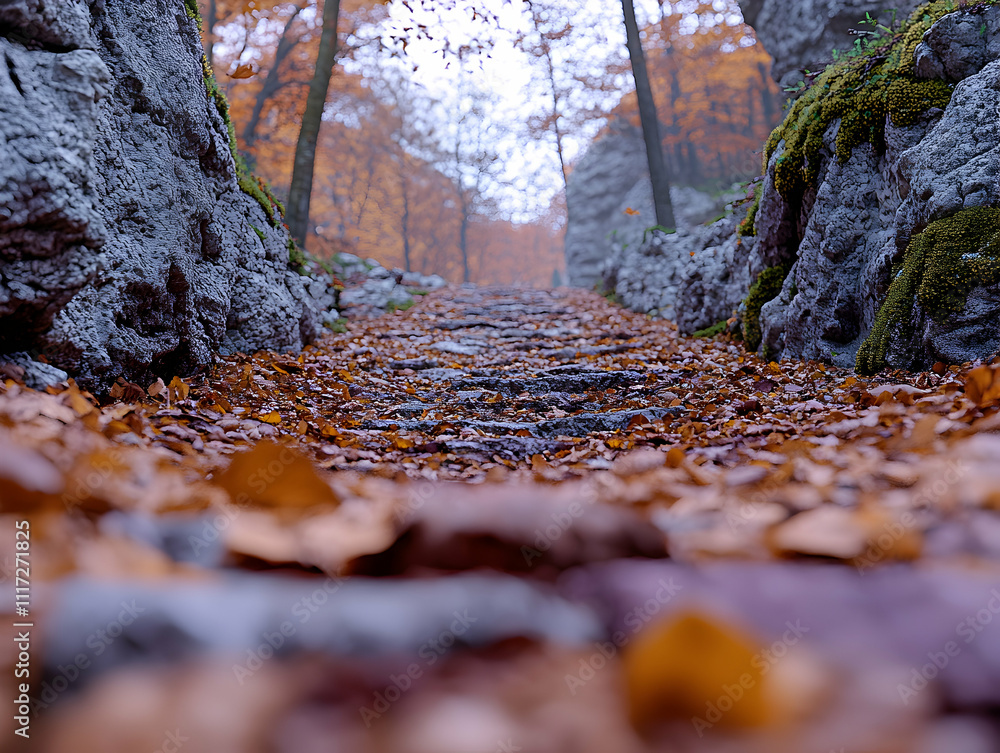 Autumnal stone path through forest, leaves, fog. Autumnal stone path through forest, leaves, fog.