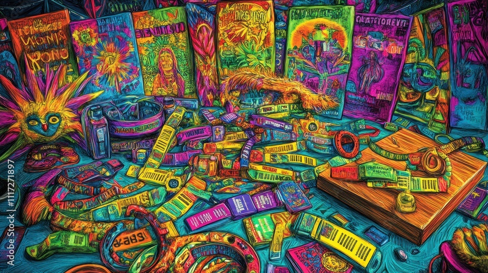 Fototapeta premium A vibrant, chaotic arrangement of colorful items, including tarot cards and various objects.